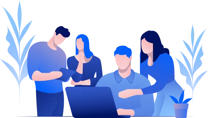 Illustration of a team working collaboratively on a computer